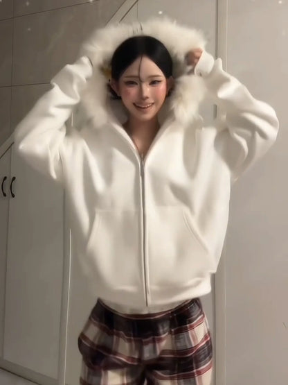 American Vintage Zip-Up Hoodie Fur Collar Heavyweight Outerwear
