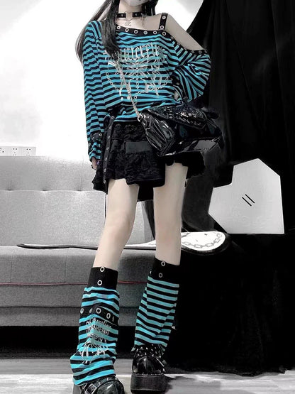 Blue Subculture Punk Y2K E-girl Retro Virtual Disc Print Stripe Oversized Off-Shoulder Long-Sleeve Top
