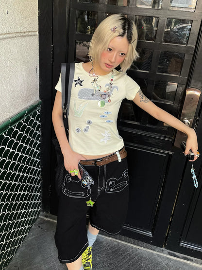 Y2K Whale Patch Embroidered Cropped Tee  Structured Shoulder Fitted Short Sleeve Top