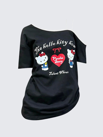 Vintage Cat Off-Shoulder Cotton Tee