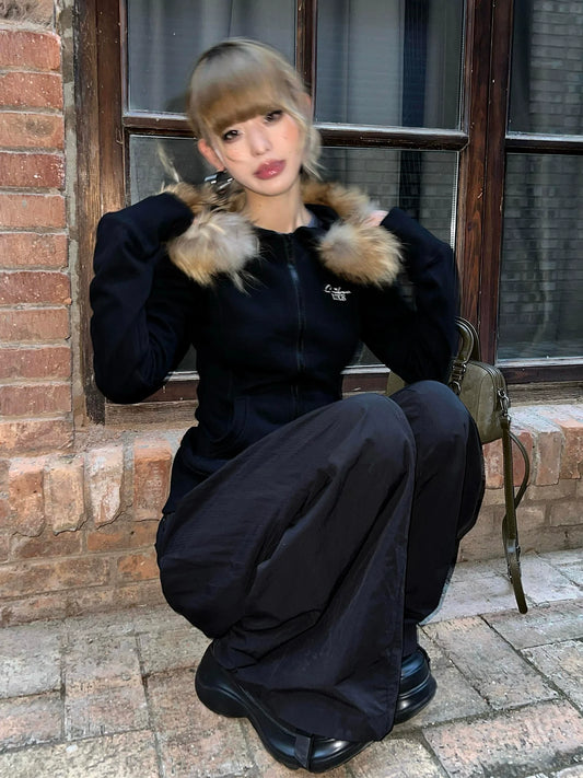 American Fitted Fur Collar Hoodie 2025 Autumn-Winter Zip-Up Crop Outerwear