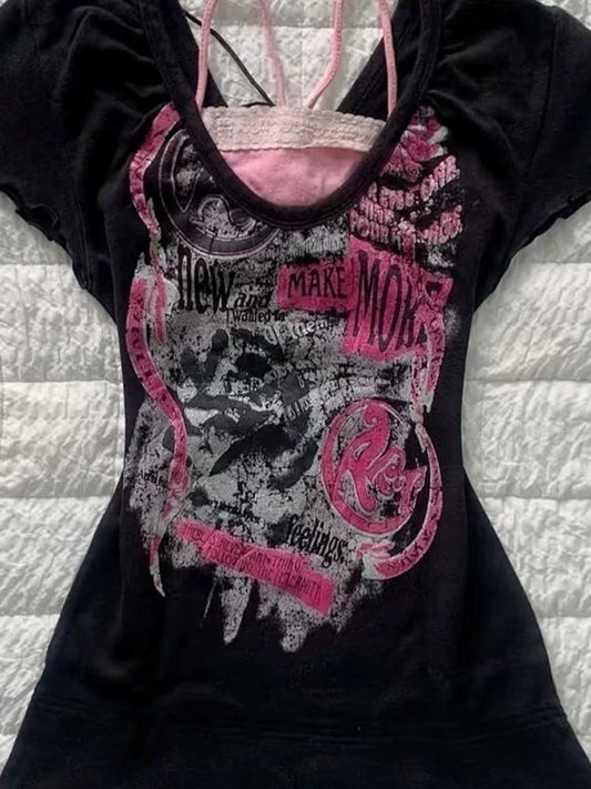 Black Subculture Punk Y2K Abi E-girl American Retro Print Fake Two-Piece Short Sleeve Top