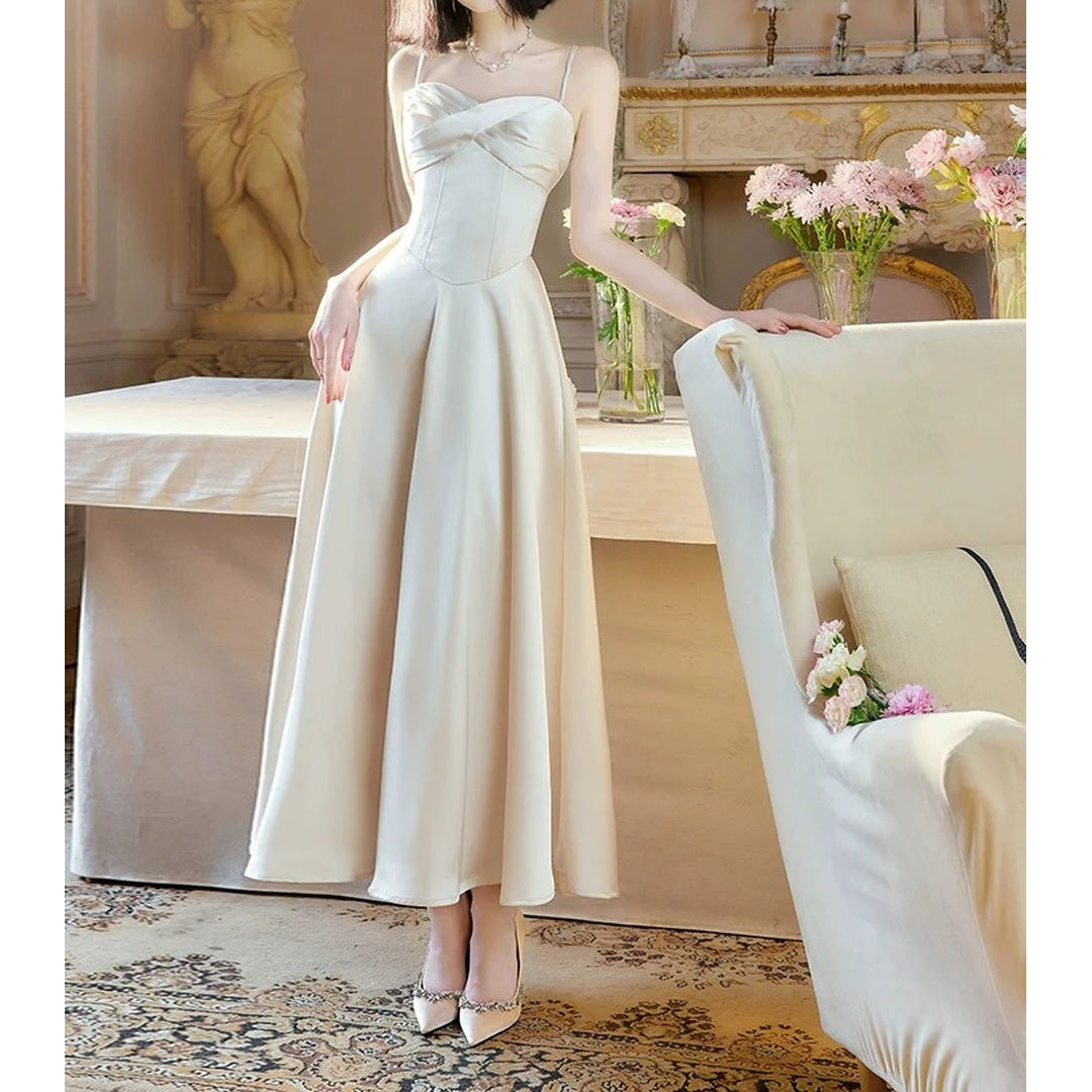 French Luxury Satin Spaghetti Strap Gown Dress – Engagement and Party Dress