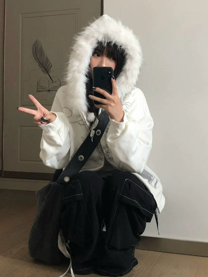 Y2K Faux Fur Collar Hoodie