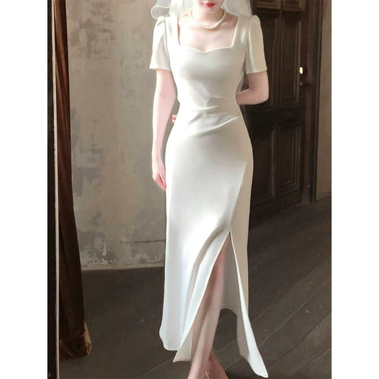 French Short Sleeve Square Neck Gown Dress