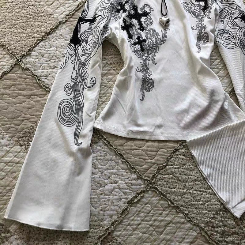 White Off-The-Shoulder Flared Sleeve Print Y2K T-Shirt