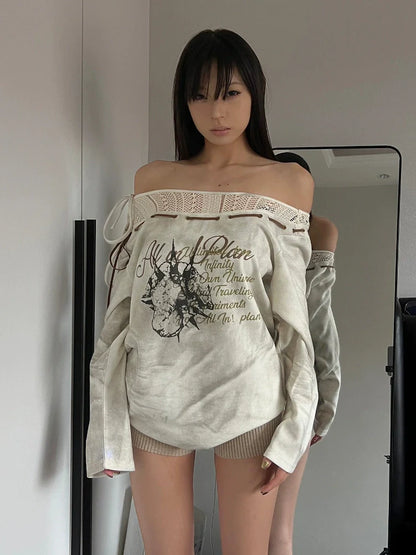 Subculture Off-Shoulder Sweatshirt Hot-Girl Long Sleeve Tee