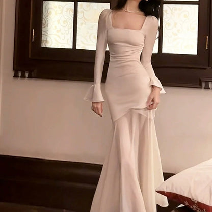 French Satin Long Sleeve Bodycon Mermaid Gown Dress