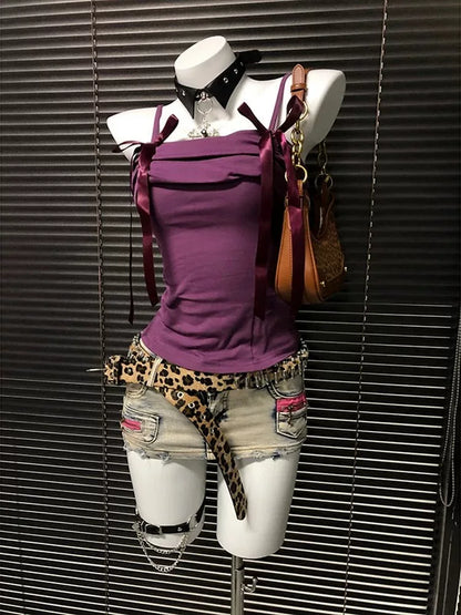 Blue Butterfly One-Shoulder Subculture Y2K E-girl Sweet-Spicy Light Subculture American Retro Bow Short Sleeve Top