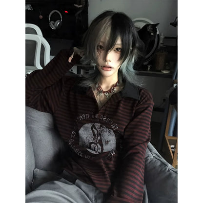 Subculture Black-Red Striped Polo Top Music Note Print Visual Kei Shirt