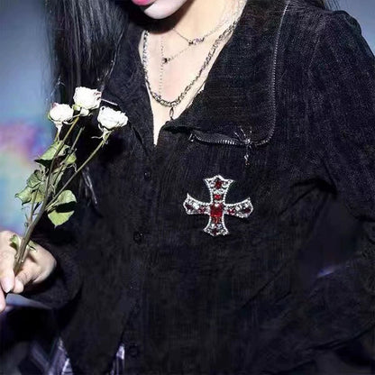 Y2K Gothic Punk Cross Rhinestone Cropped Knit Cardigan