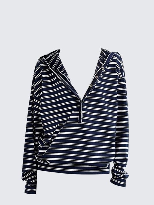 Navy Hooded Half Collar Stripe Tee