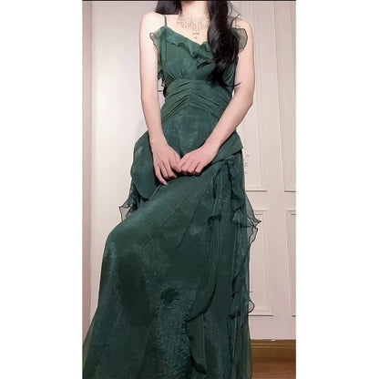Green Design Patchwork Ruffle Spaghetti Strap Gown Dress