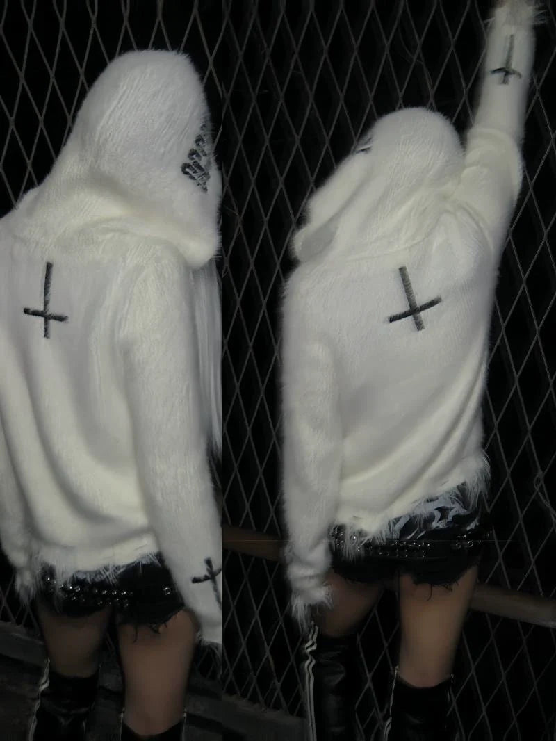 White Y2K Light Subculture Punk Cross Sweater Jacket