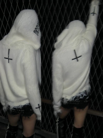 White Y2K Light Subculture Punk Cross Sweater Jacket