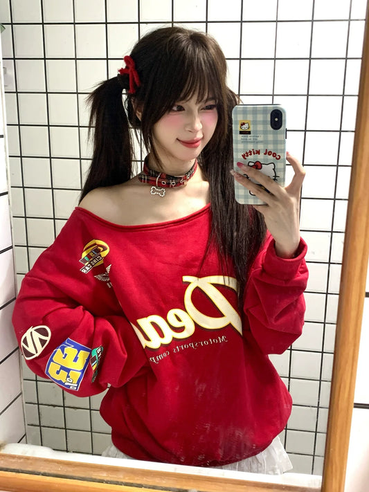 American Red Slanted Shoulder Hoodie Autumn Retro Letter Print Loose Fit Spicy Girl Top