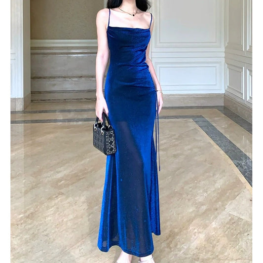 French Slant-Cut Shiny Draped Gown Dress – Luxury Elegant Dress