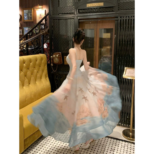 French Gradient Island Resort Gown Dress – Spaghetti Strap Vacation Dress