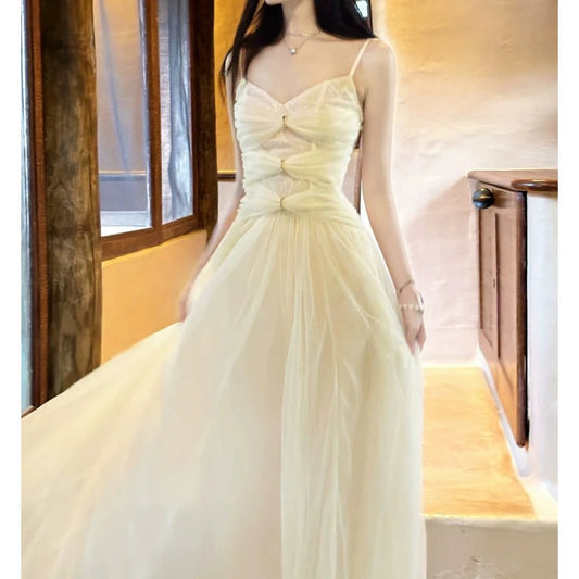 French Heavy Lace Tulle Spaghetti Strap Gown Dress