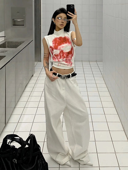 Punk Y2K White Skull Tank Top Sleeveless Cropped Subculture Tee