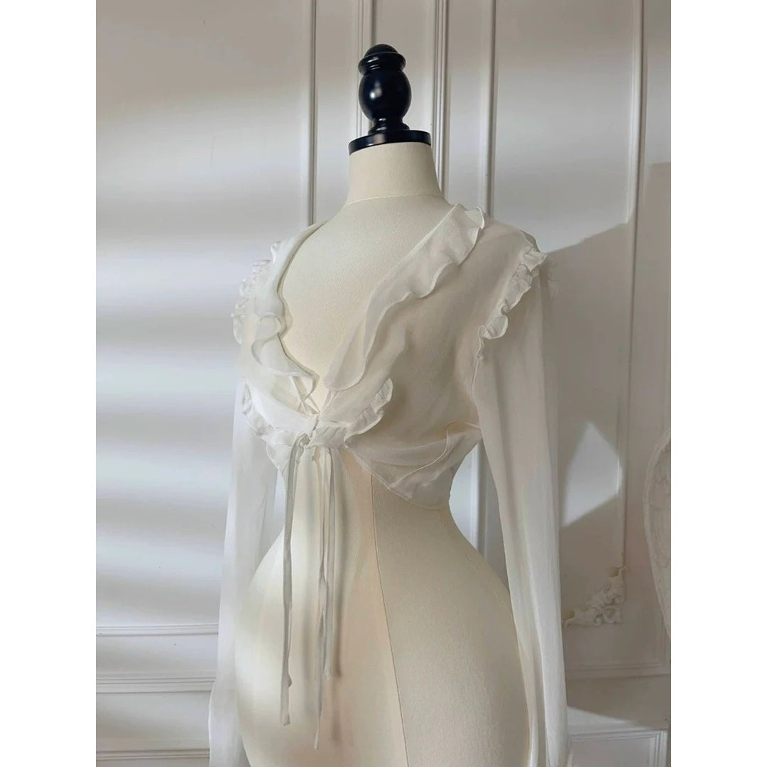 White Silk Summer Ruffle Cardigan – Lightweight Long Sleeve Top