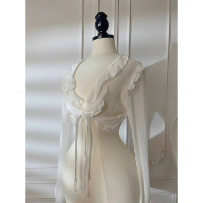 White Silk Summer Ruffle Cardigan – Lightweight Long Sleeve Top