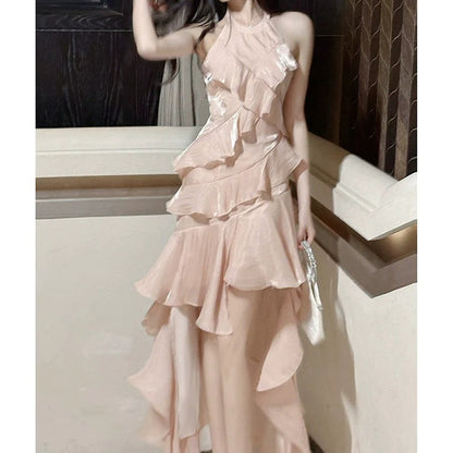 French Pink Halter Ruffle Gown Dress