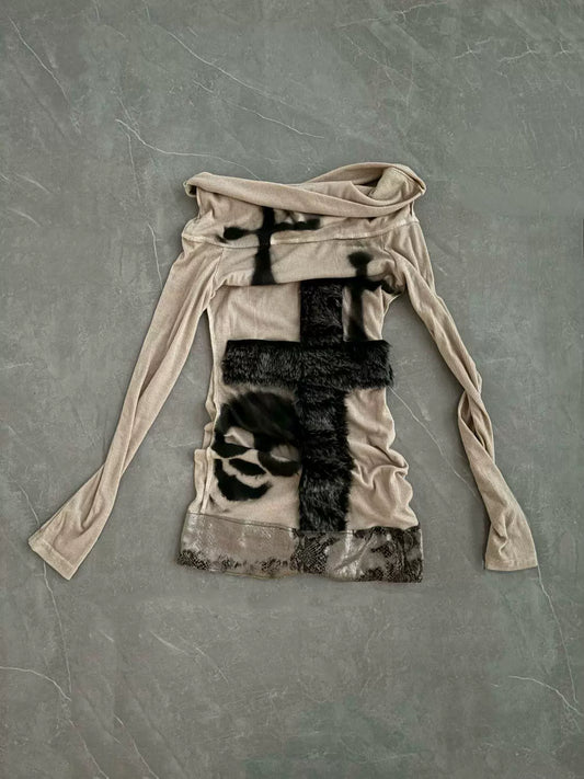 Shibuya One-Shoulder Subculture Gothic Rock Punk Y2K Dark-Style Long Sleeve Top