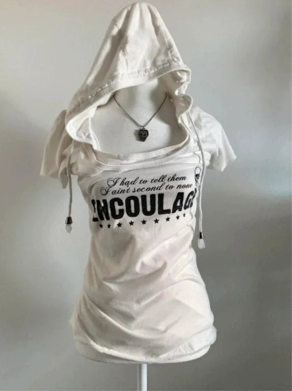 White Vintage Hooded Fake Two-Piece Short Sleeve Y2K T-Shirt