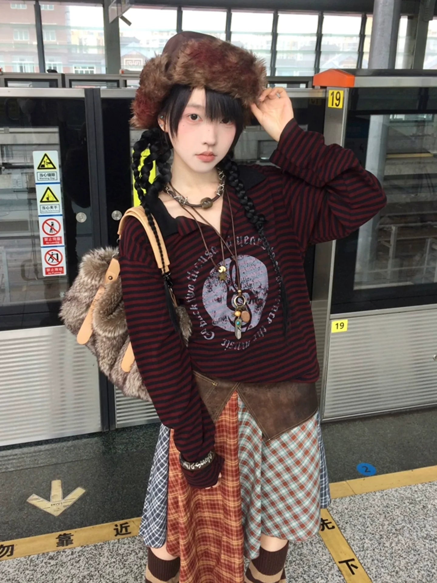 Subculture Black-Red Stripe Long Sleeve Tee Musical Print Polo Top