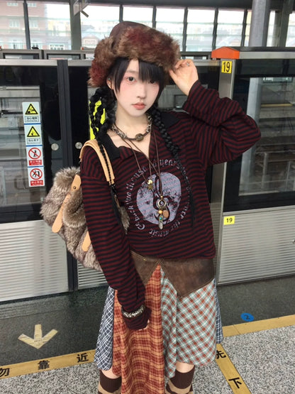 Subculture Black-Red Stripe Long Sleeve Tee Musical Print Polo Top