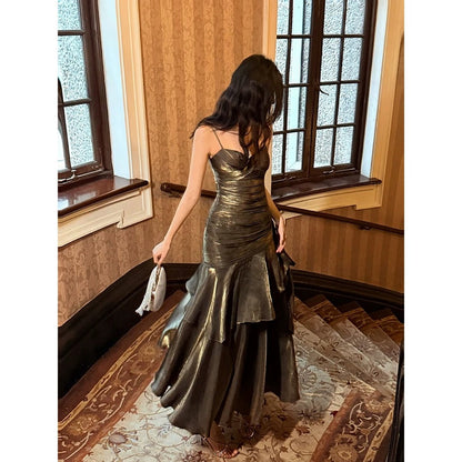 Mermaid Butterfly Ruffle High-End Black Gold Gown Dress