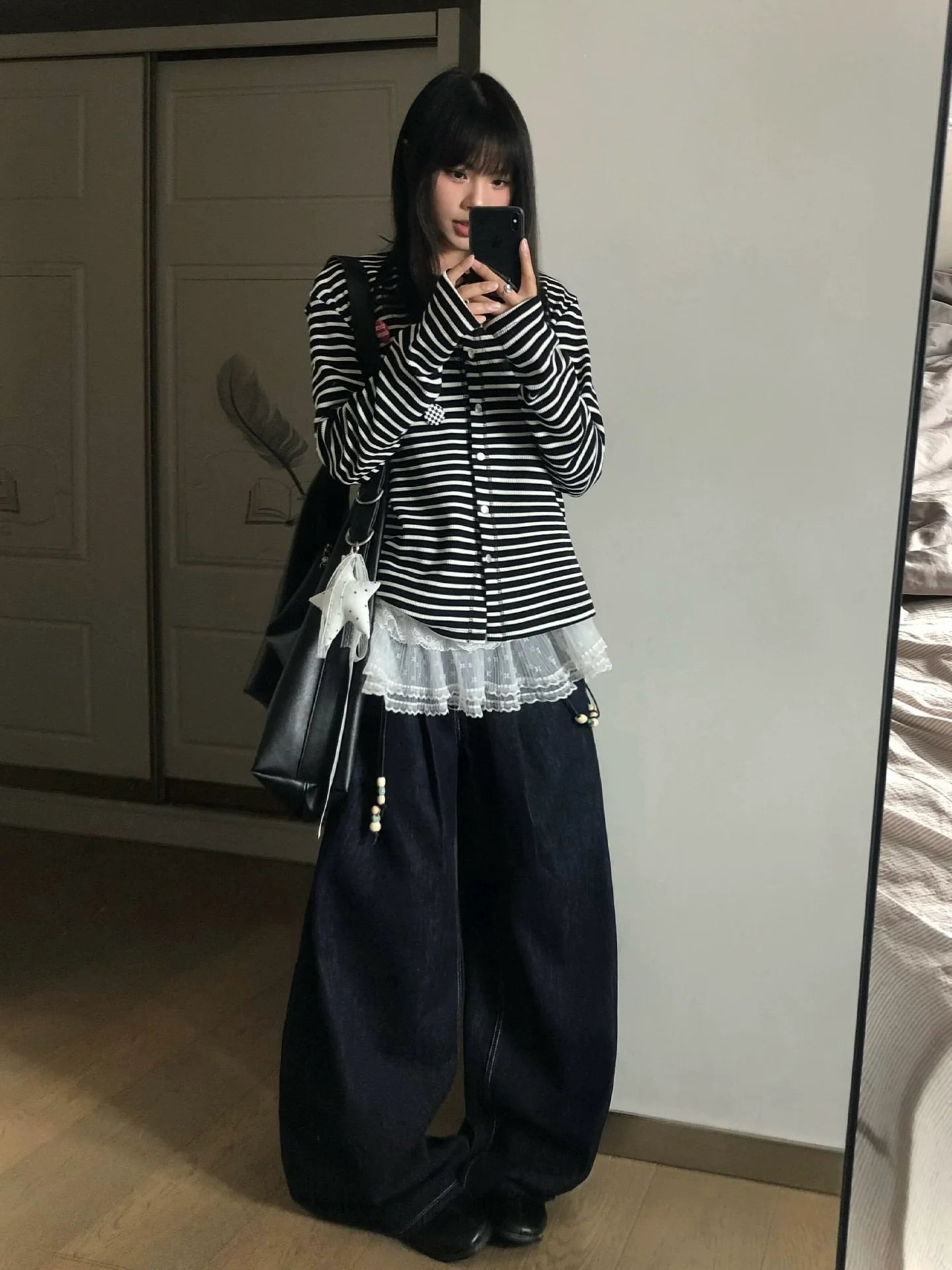 Vintage Black-White Stripe Knit Cardigan Y2K Loose Lazy Sweater