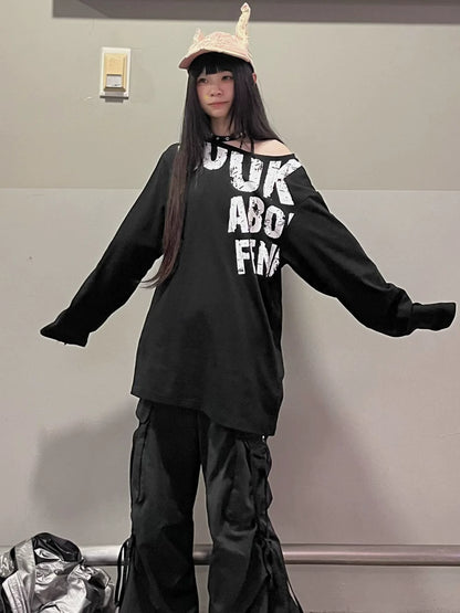 American Vintage Off-Shoulder Long Sleeve Tee  Distressed Letter Print Loose Hot Girl Top