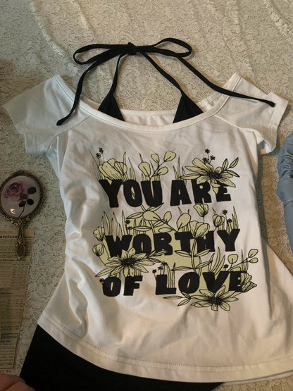 White Vintage Print Halter Fake Two-Piece Y2K T-Shirt