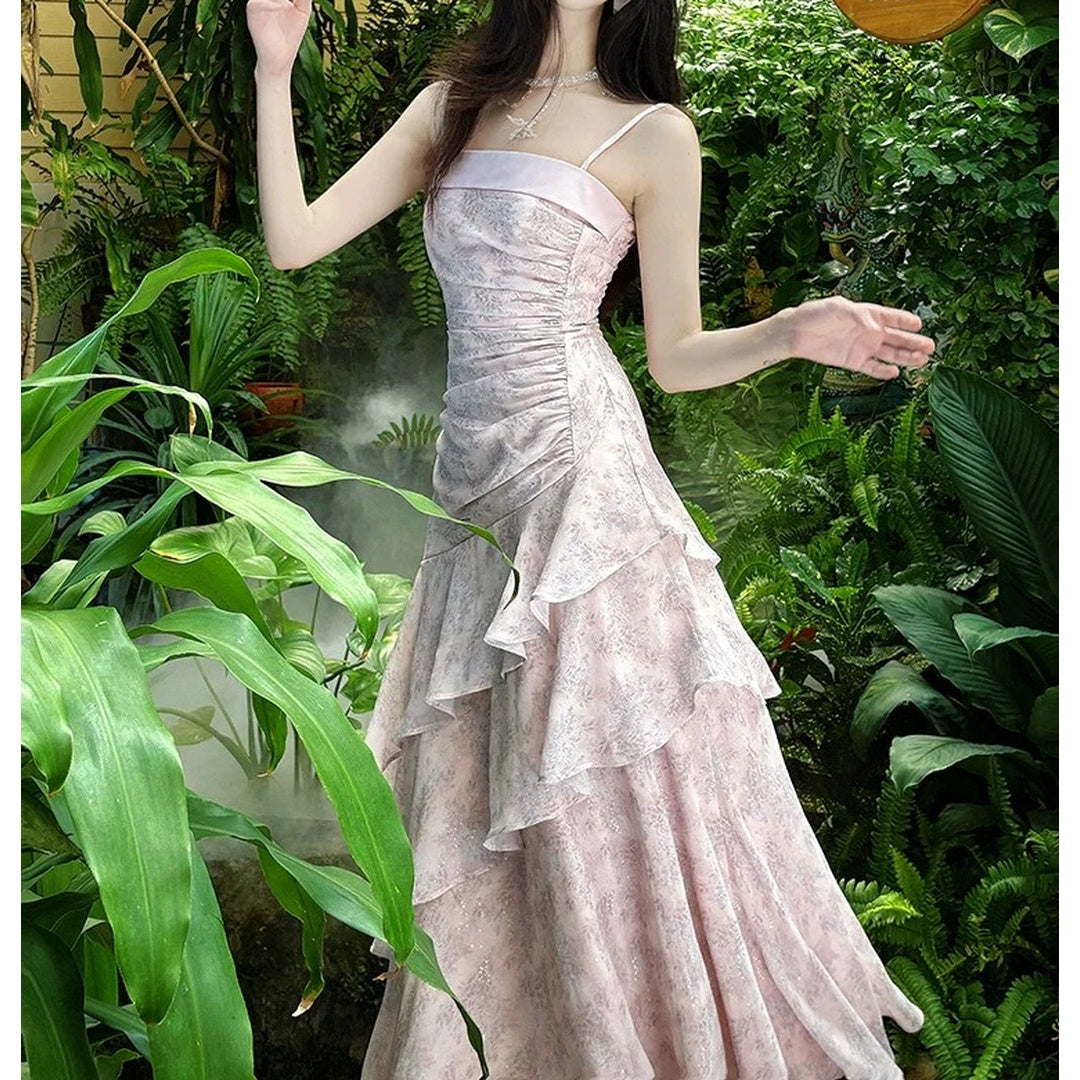 Pink Ruffle Spaghetti Gown Prom Dress