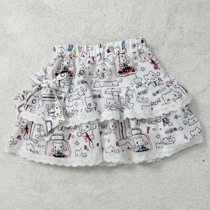 Zip & Cat Print Puff Cake Skirt Subculture Y2K E-girl Anime Cute High-Waisted A-line Fluffy Skirt
