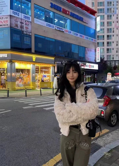 Khaki Subculture Punk Y2K E-girl Lamb Wool Embroidered Retro Moto Short Jacket (Winter)