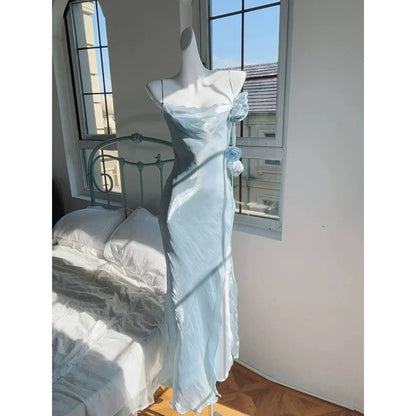 Moonlight Flower Elegant Double Layer Slit Spaghetti Strap Gown Dress