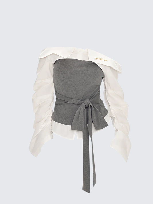 Korean Contrast Off Shoulder Tie Shirt