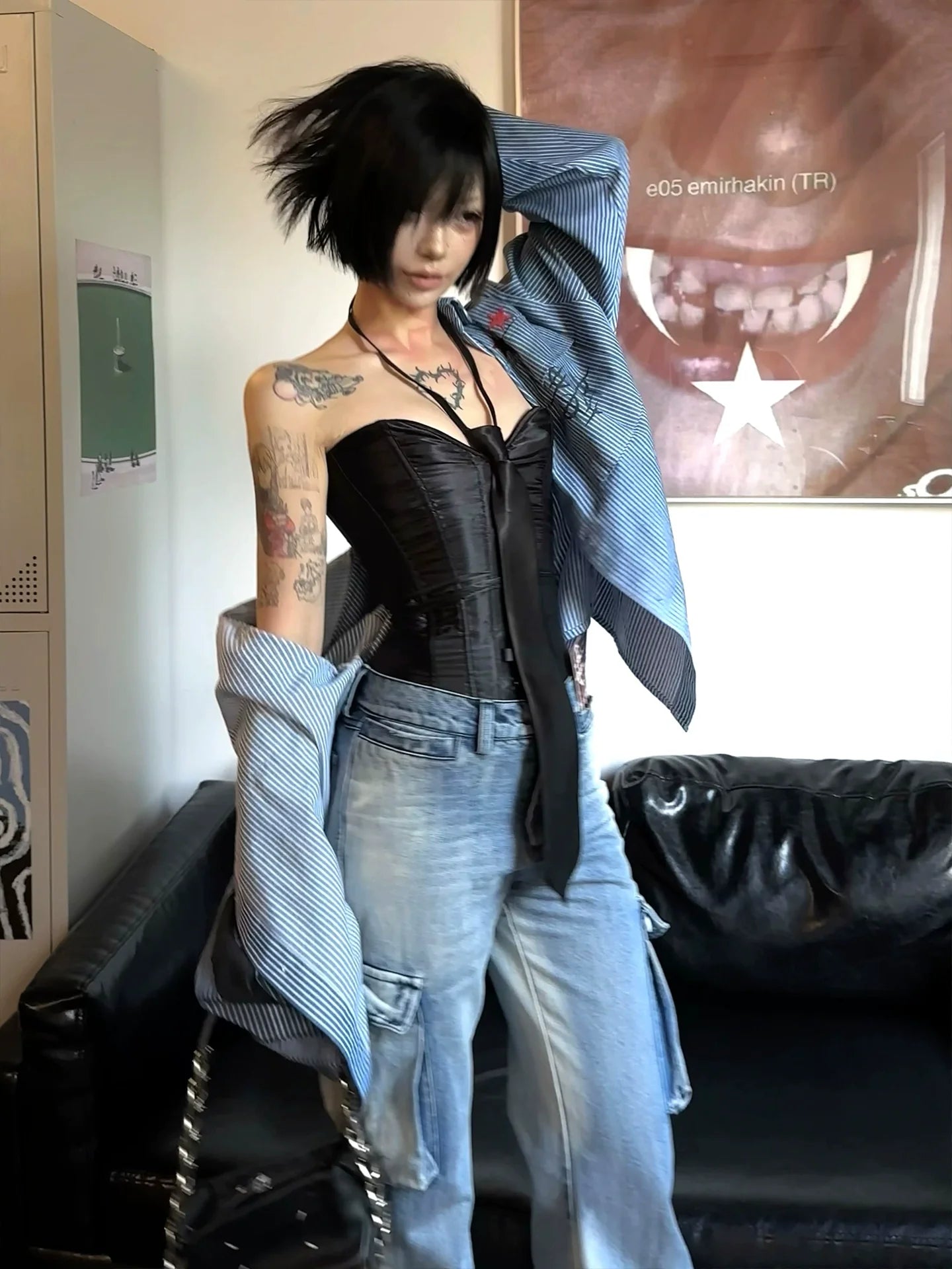 Y2K Distressed Striped Long Sleeve Shirt