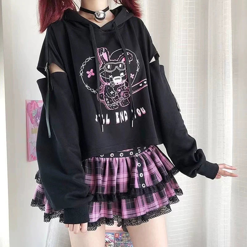 Black Cutout Hoodie And Lace Plaid Cake Skirt Set Y2K Two-Piece Set