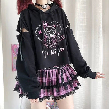 Black Cutout Hoodie And Lace Plaid Cake Skirt Set Y2K Two-Piece Set