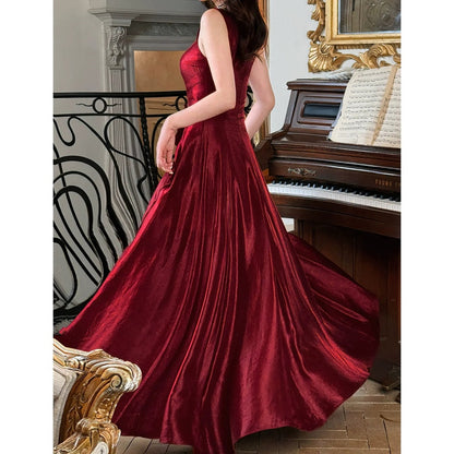 French Red Vintage Waist Full Skirt Gown Dress