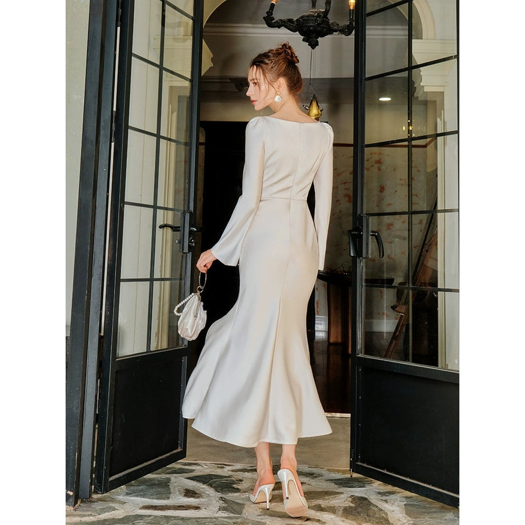 French Satin Embellished Mermaid Gown Dress