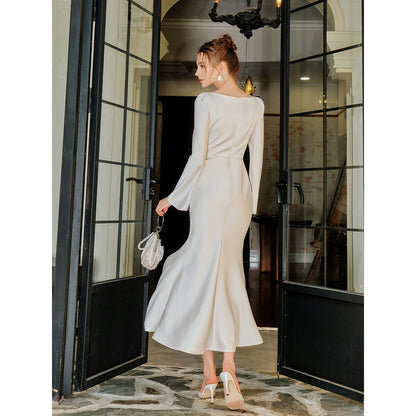 French Satin Embellished Mermaid Gown Dress