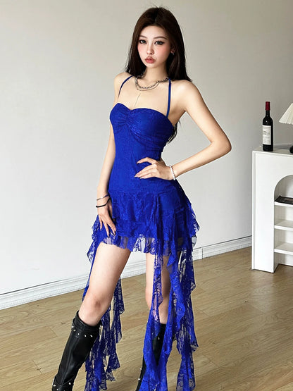 Hot Girl Klein Blue Halter Sleeveless Lace Asymmetrical Fringe Slimming Mini Dress