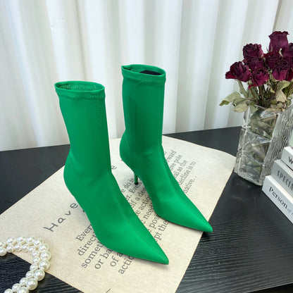 European Sexy High Heel Slim Boots Spring Autumn Colorful Mid Calf Sock Boots Pointed Toe Thin Heel Stretchy Boots Women