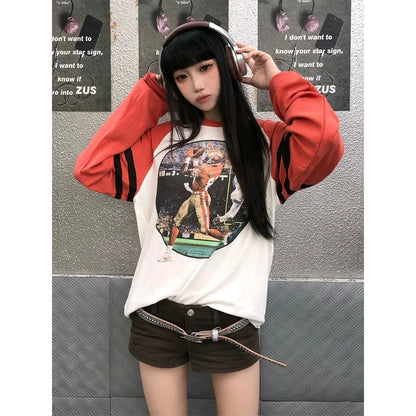 Retro White and Orange Color Block Raglan Long Sleeve Unique Design Top