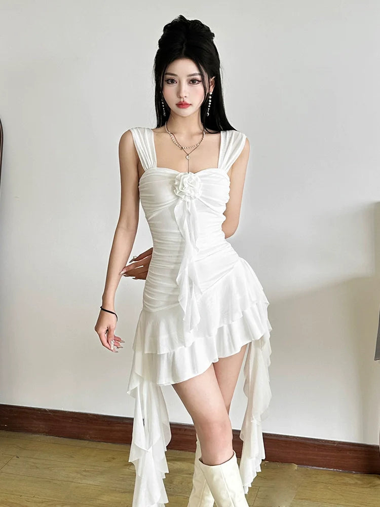 Versatile Ruched Flower Detail Ribbon Asymmetrical Mini Dress